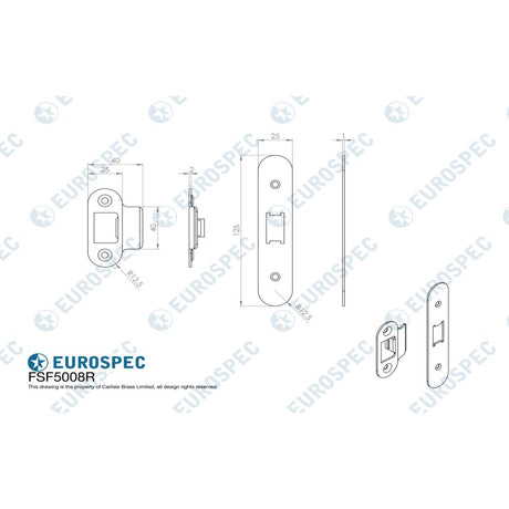 This image is a line drwaing of a Eurospec - Forend Strike & Fixing Pack To Suit Flat Latch FLL5030-Satin Stainles available to order from Trade Door Handles in Kendal