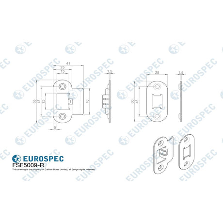 This image is a line drwaing of a Eurospec - Forend Strike & Fixing Pack To Suit Heavy Duty Tubular Latch-Satin St available to order from Trade Door Handles in Kendal