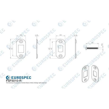 This image is a line drwaing of a Eurospec - Forend Strike & Fixing Pack To Suit Heavy Duty Tubular Deadbolt-Satin available to order from Trade Door Handles in Kendal