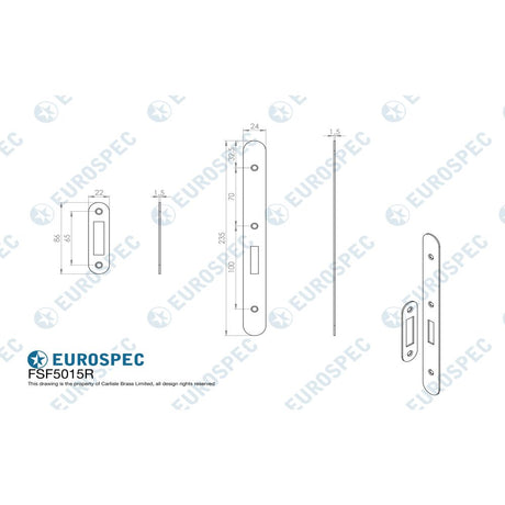 This image is a line drwaing of a Eurospec - Forend Strike & Fixing Pack To Suit Din Euro Deadlock-Satin Stainless available to order from Trade Door Handles in Kendal