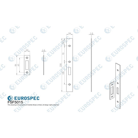 This image is a line drwaing of a Eurospec - Forend Strike & Fixing Pack To Suit Din Euro Deadlock-Bright Stainles available to order from Trade Door Handles in Kendal