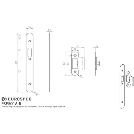 This image is a line drwaing of a Eurospec - Forend Strike & Fixing Pack To Suit Din Latch-PVD-Radius Forend available to order from Trade Door Handles in Kendal
