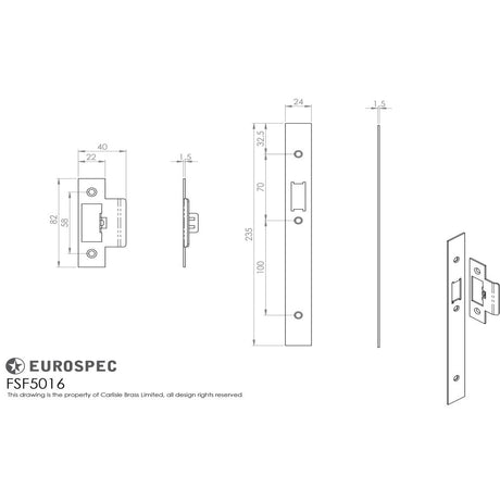 This image is a line drwaing of a Eurospec - Forend Strike & Fixing Pack To Suit Din Latch-PVD-Square Forend available to order from Trade Door Handles in Kendal