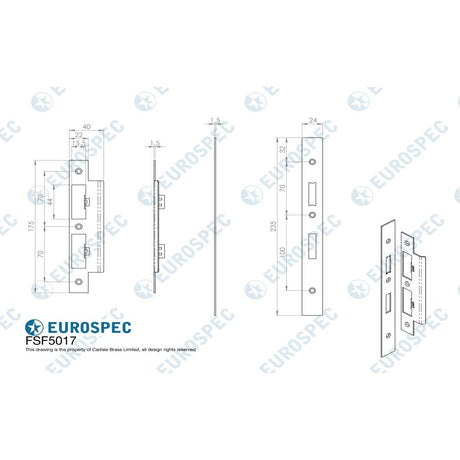 This image is a line drwaing of a Eurospec - Forend Strike & Fixing Pack To Suit Din Euro Sash/Bathroom Lock-PVD-S available to order from Trade Door Handles in Kendal