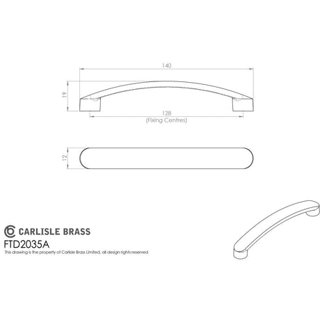 This image is a line drwaing of a FTD - Radius End Flat Bow Handle 128mm - Satin Nickel available to order from Trade Door Handles in Kendal
