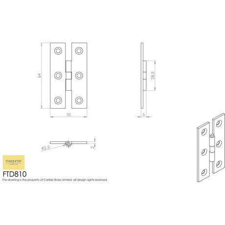 This image is a line drwaing of a FTD - H Pattern Hinge 64 x 35mm - Antique Brass available to order from Trade Door Handles in Kendal