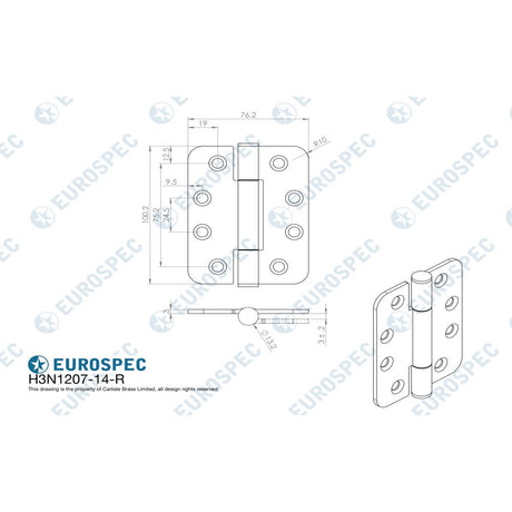 This image is a line drwaing of a Eurospec - Grade 14 Concealed Bearing Triple Knuckle Hinge Radius - SSS available to order from Trade Door Handles in Kendal