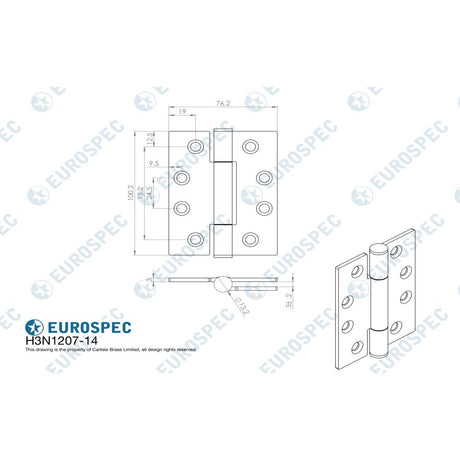 This image is a line drwaing of a Eurospec - Grade 14 Concealed Bearing Triple Knuckle Hinge - SSS available to order from Trade Door Handles in Kendal