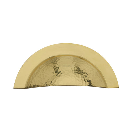 This is an image of a Heritage Brass - Drawer Cup Pull Crescent Hammered Design Polished Brass finish, ham1730-pb that is available to order from Trade Door Handles in Kendal.