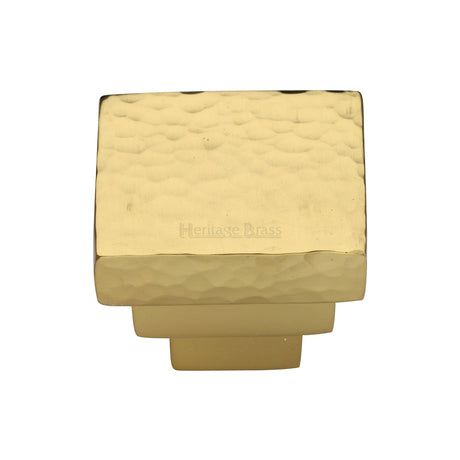 This is an image of a Heritage Brass - Cabinet Knob Square Stepped Hammered Design 32mm Polished Brass finish, ham3672-32-pb that is available to order from Trade Door Handles in Kendal.