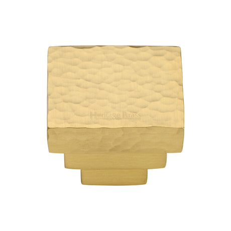 This is an image of a Heritage Brass - Cabinet Knob Square Stepped Hammered Design 32mm Satin Brass finish, ham3672-32-sb that is available to order from Trade Door Handles in Kendal.