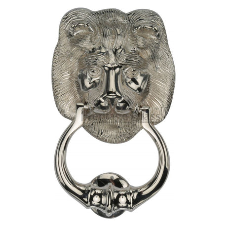 This is an image of a Heritage Brass - Lion Knocker Polished Nickel Finish, k1210-pnf that is available to order from Trade Door Handles in Kendal.