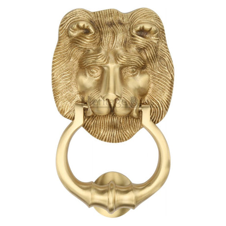This is an image of a Heritage Brass - Lion Knocker Satin Brass Finish, k1210-sb that is available to order from Trade Door Handles in Kendal.