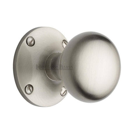 This is an image of a Heritage Brass - Mortice Knob on Rose Kensington Design Satin Nickel Finish, ken980-sn that is available to order from Trade Door Handles in Kendal.
