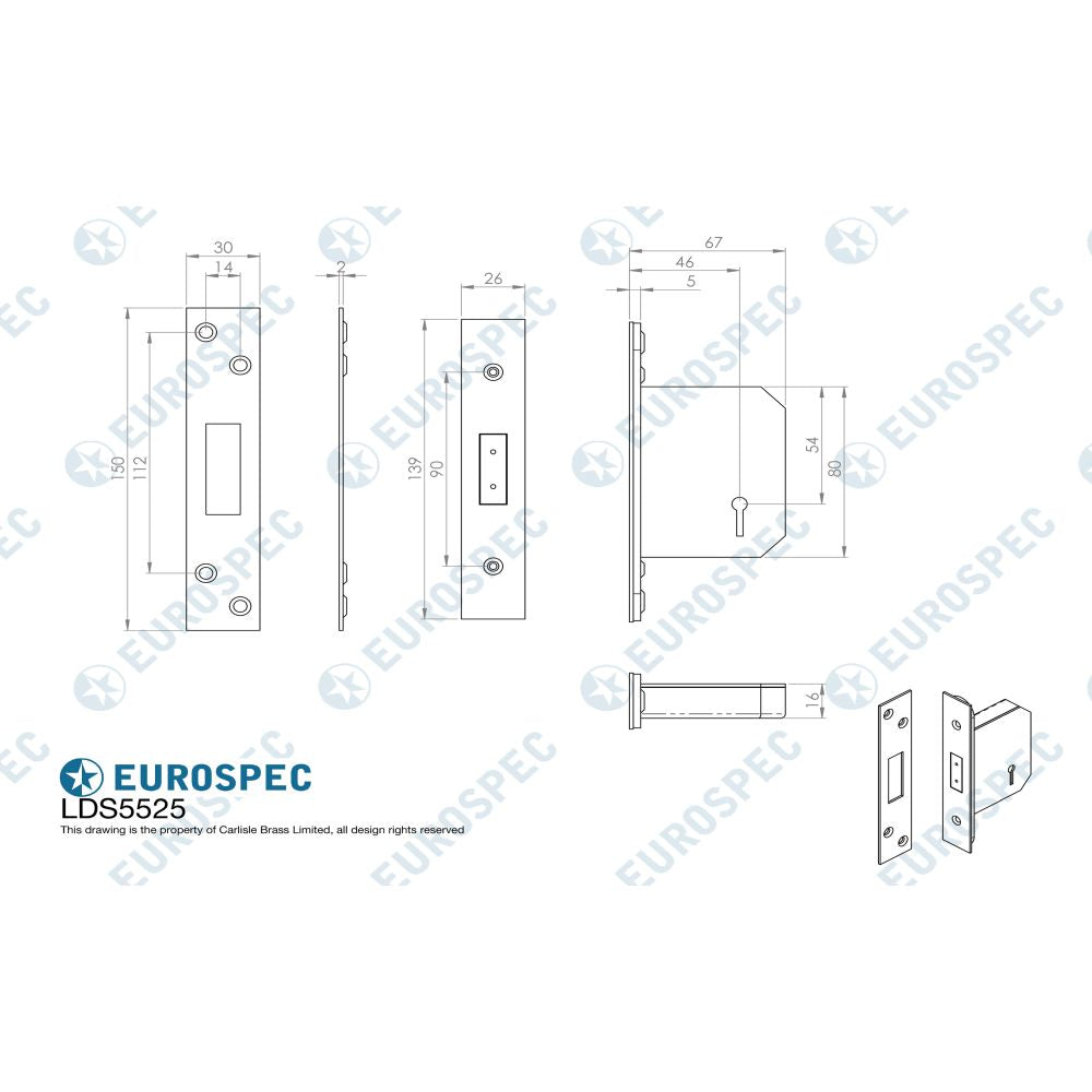 This image is a line drwaing of a Eurospec - Easi-T 5 Lever Deadlock 64mm - Satin Stainless Steel available to order from Trade Door Handles in Kendal
