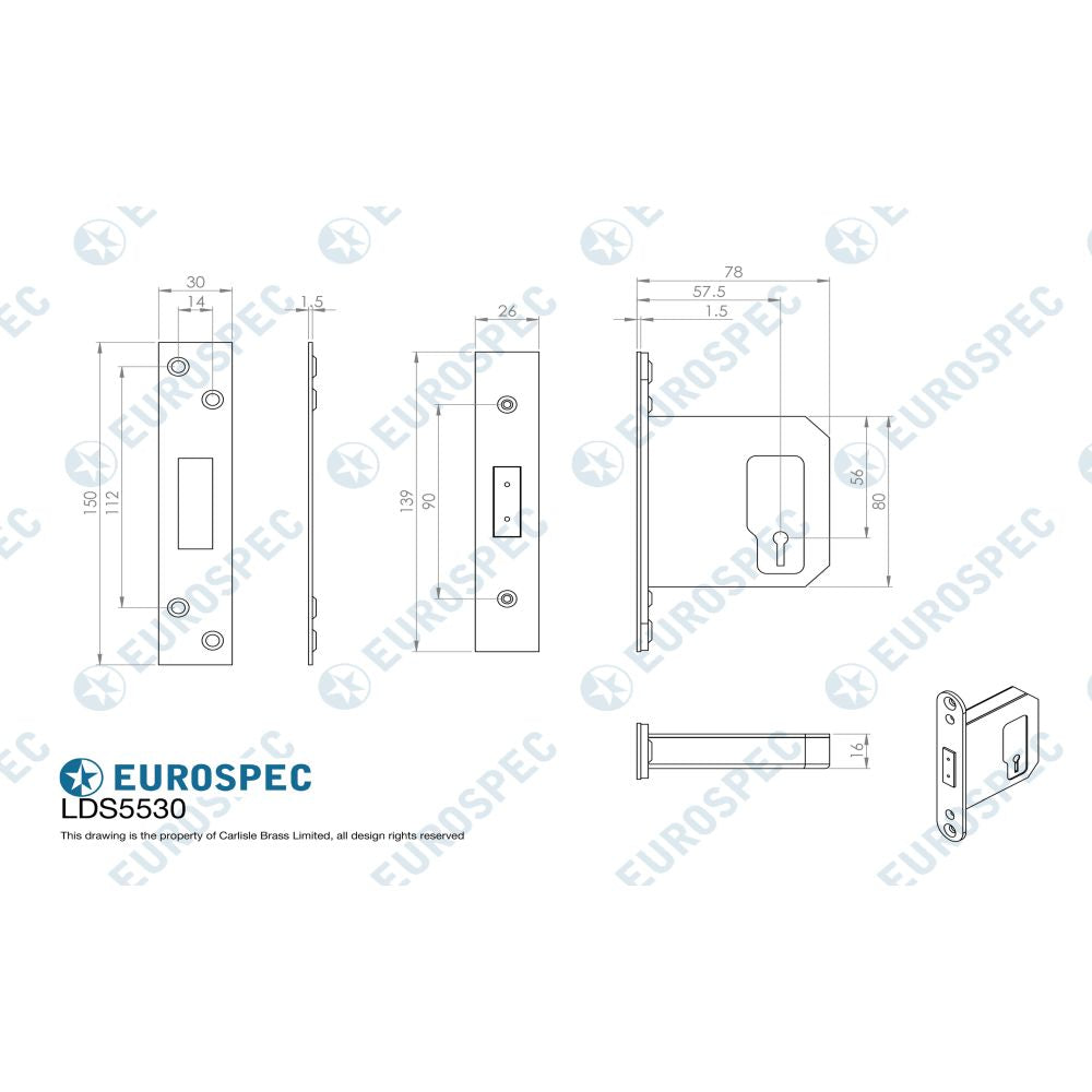 This image is a line drwaing of a Eurospec - Easi-T 5 Lever Deadlock 76mm - Satin Stainless Steel available to order from Trade Door Handles in Kendal