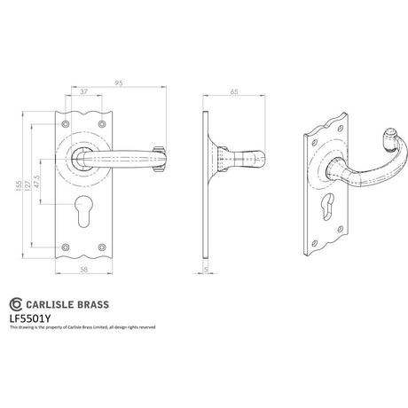 This image is a line drwaing of a Ludlow - Traditional Lever on Euro Lock Backplate - Black Antique available to order from Trade Door Handles in Kendal