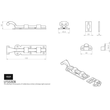 This image is a line drwaing of a Ludlow - Straight Door Bolt 152mm - Black Antique available to order from Trade Door Handles in Kendal