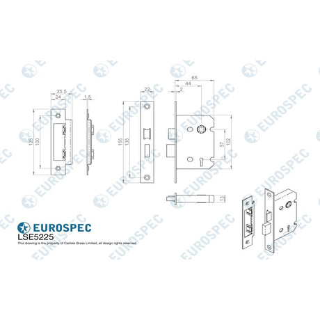 This image is a line drwaing of a Eurospec - Contract 2 Lever Sashlock Rebated 64mm - Satin Nickel available to order from Trade Door Handles in Kendal