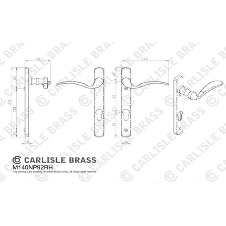 This image is a line drwaing of a Carlisle Brass - Narrow Plate - Scroll Lever Furniture (70Mm C/C) - (Right Hand) available to order from Trade Door Handles in Kendal