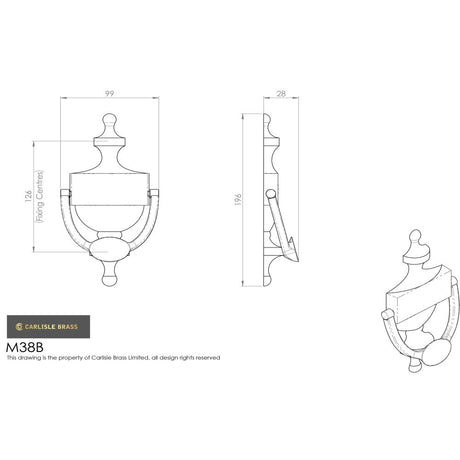 This image is a line drwaing of a Carlisle Brass - Victorian Urn Door Knocker 196mm PVD - Stainless Brass available to order from Trade Door Handles in Kendal