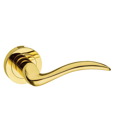 This is an image of Mediterranean Valencia Lever on Round Rose - Polished Brass available to order from Trade Door Handles.