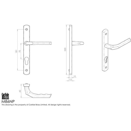 This image is a line drwaing of a Carlisle Brass - Narrow Plate with Straight Lever 70mm c/c - Satin Chrome available to order from Trade Door Handles in Kendal