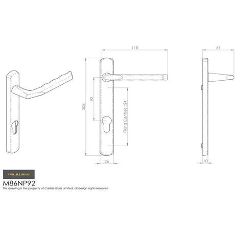 This image is a line drwaing of a Carlisle Brass - Narrow Plate with Straight Lever 92mm c/c - Polished Chrome available to order from Trade Door Handles in Kendal