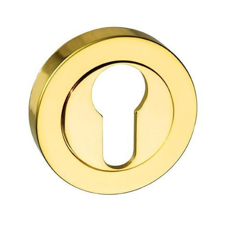 This is an image of Mediterranean Euro Escutcheon on Round Rose - Polished Brass available to order from Trade Door Handles.