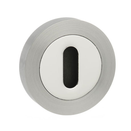This is an image of Mediterranean Key Escutcheon on Round Rose - Satin Nickel/Polished Chrome available to order from Trade Door Handles.