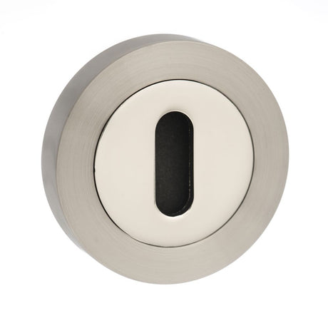 This is an image of Mediterranean Key Escutcheon on Round Rose - Satin Nickel/Polished Nickel available to order from Trade Door Handles.