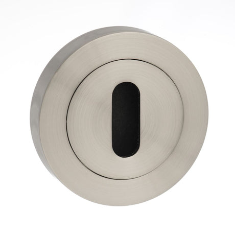 This is an image of Mediterranean Key Escutcheon on Round Rose - Satin Nickel available to order from Trade Door Handles.