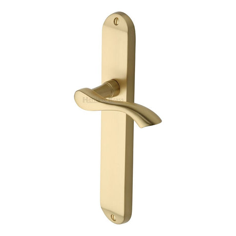 This is an image of a Heritage Brass - Door Handle Lever Latch Algarve Long Design Satin Brass Finish, mm7210-sb that is available to order from Trade Door Handles in Kendal.