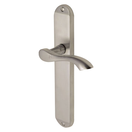 This is an image of a Heritage Brass - Door Handle Lever Latch Algarve Long Design Satin Nickel Finish, mm7210-sn that is available to order from Trade Door Handles in Kendal.