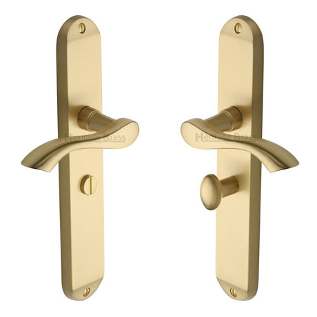 This is an image of a Heritage Brass - Door Handle for Bathroom Algarve Long Design Satin Brass Finish, mm7230-sb that is available to order from Trade Door Handles in Kendal.