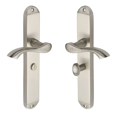 This is an image of a Heritage Brass - Door Handle for Bathroom Algarve Long Design Satin Nickel Finish, mm7230-sn that is available to order from Trade Door Handles in Kendal.
