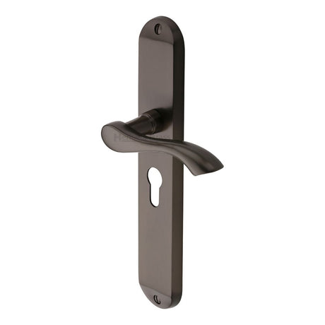 This is an image of a Heritage Brass - Door Handle for Euro Profile Plate Algarve Long Design Matt Bro, mm7248-mb that is available to order from Trade Door Handles in Kendal.