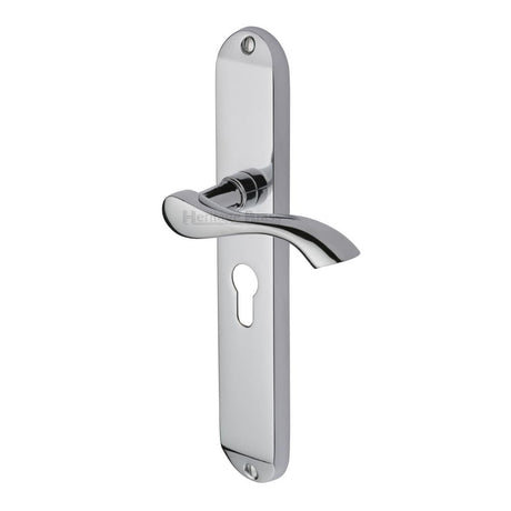 This is an image of a Heritage Brass - Door Handle for Euro Profile Plate Algarve Long Design Polished Chr, mm7248-pc that is available to order from Trade Door Handles in Kendal.