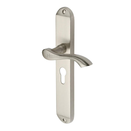 This is an image of a Heritage Brass - Door Handle for Euro Profile Plate Algarve Long Design Satin Nic, mm7248-sn that is available to order from Trade Door Handles in Kendal.