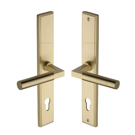 This is an image of a Heritage Brass - Multi-Point Door Handle Lever Lock Bauhaus LH Design Satin Brass, mp2259-lh-sb that is available to order from Trade Door Handles in Kendal.