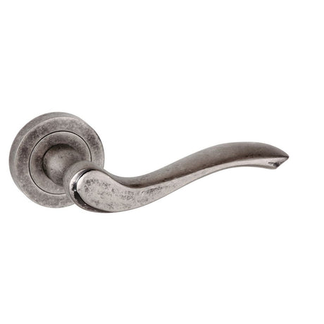 This is an image of Old English Warwick Lever on Round Rose - Distressed Silver available to order from Trade Door Handles.