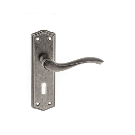 This is an image of Old English Warwick Key Lever on Backplate - Distressed Silver available to order from Trade Door Handles.