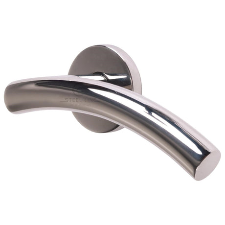 This is an image of a Steel Line Door Handle Lever Latch on Round Rose Tubular Design Polished Stainless Steel finish, pr-arc9-ps that is available to order from Trade Door Handles in Kendal.