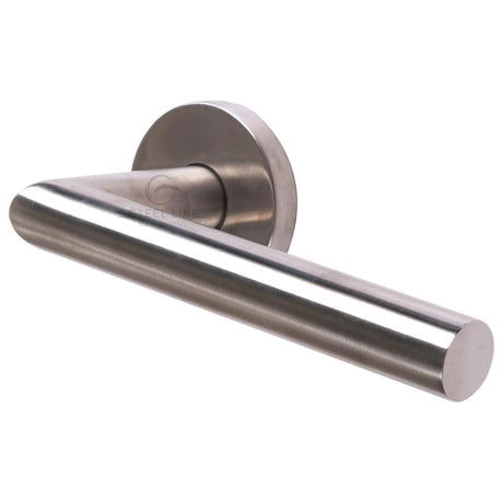 This is an image of a Steel Line Door Handle Lever Latch on Round Rose Tubular Design Satin Stainless Steel finish, pr-mt03-ss that is available to order from Trade Door Handles in Kendal.
