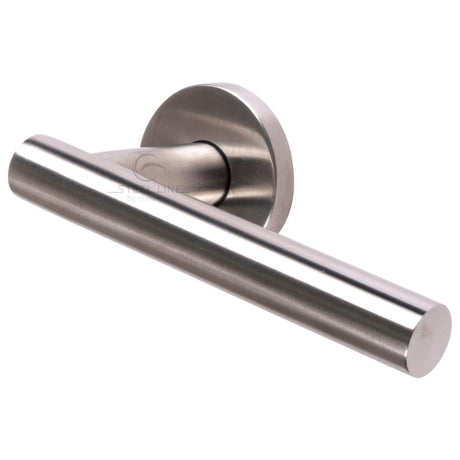 This is an image of a Steel Line Door Handle Lever Latch on Round Rose Tubular Design Satin Stainless Steel finish, pr-tb10-ss that is available to order from Trade Door Handles in Kendal.