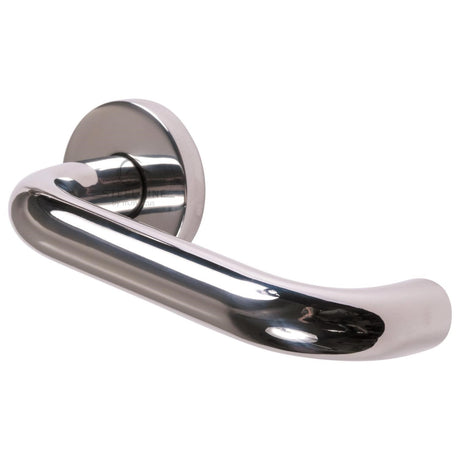 This is an image of a Steel Line Door Handle Lever Latch on Round Rose Tubular Design Polished Stainless Steel finish, pr-us01-ps that is available to order from Trade Door Handles in Kendal.