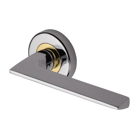 This is an image of a Heritage Brass - Door Handle Lever Latch on Round Rose Pyramid Design Chrome & Brass finish, pyd3535-cb that is available to order from Trade Door Handles in Kendal.