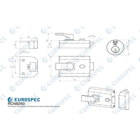 This image is a line drwaing of a Eurospec - Contract Rim Cylinder Nightlatch 60mm - Satin Chrome available to order from Trade Door Handles in Kendal