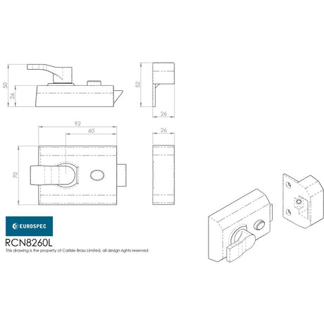 This image is a line drwaing of a Eurospec - Contract Rim Cylinder Nightlatch 60mm Lockcase Only - Polished Chrome available to order from Trade Door Handles in Kendal
