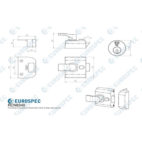 This image is a line drwaing of a Eurospec - Deadlocking Rim Cylinder Nightlatch 40mm - Satin Chrome available to order from Trade Door Handles in Kendal